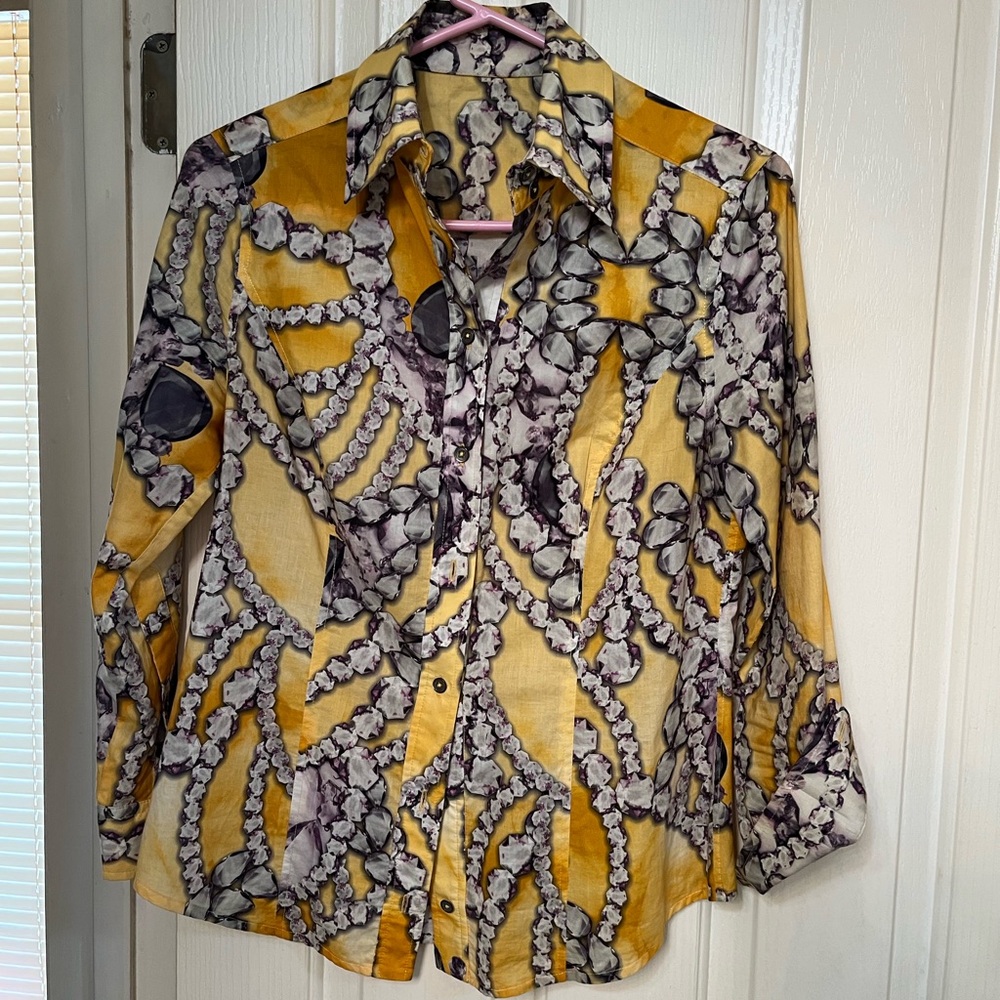Yellow and Gray Patterned Button-Up Blouse